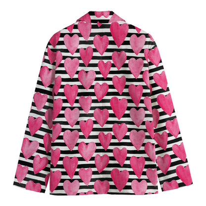 Black And White Striped Heart Print Men's Cotton Blazer