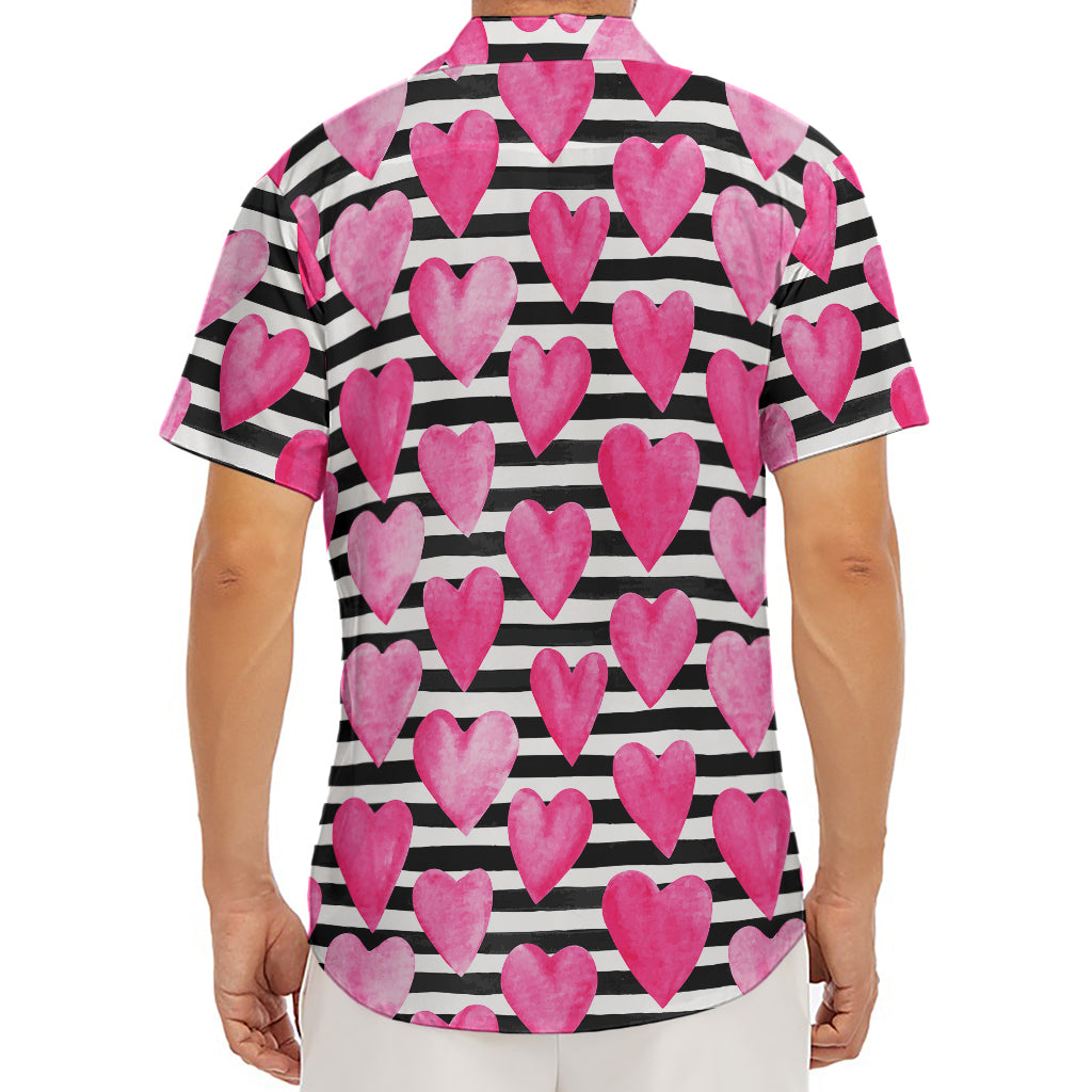 Black And White Striped Heart Print Men's Deep V-Neck Shirt