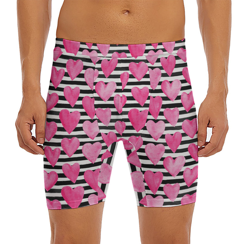 Black And White Striped Heart Print Men's Long Boxer Briefs