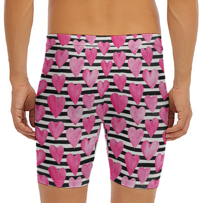 Black And White Striped Heart Print Men's Long Boxer Briefs