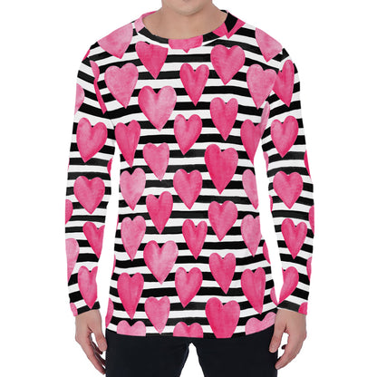 Black And White Striped Heart Print Men's Long Sleeve T-Shirt
