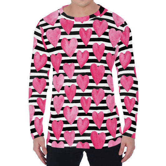 Black And White Striped Heart Print Men's Long Sleeve T-Shirt