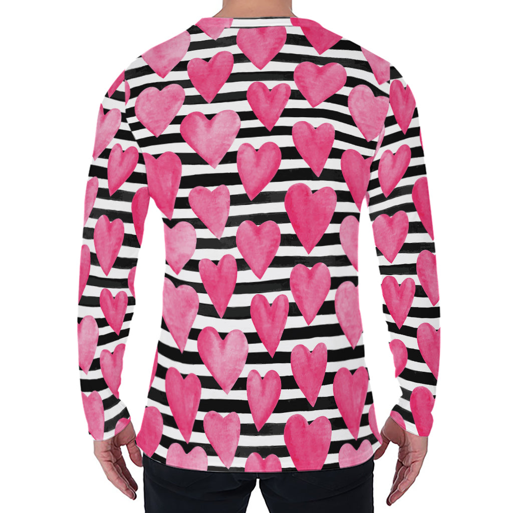 Black And White Striped Heart Print Men's Long Sleeve T-Shirt