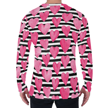 Black And White Striped Heart Print Men's Long Sleeve T-Shirt