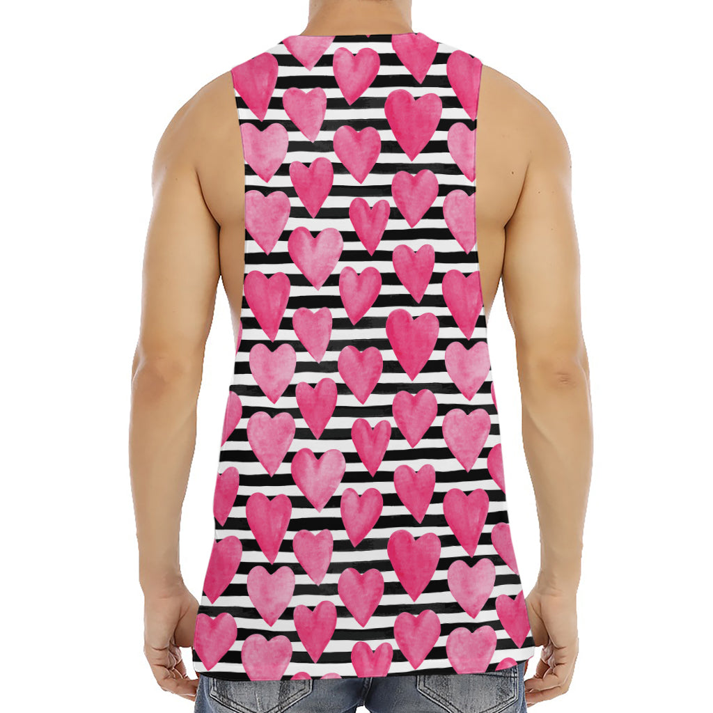 Black And White Striped Heart Print Men's Muscle Tank Top
