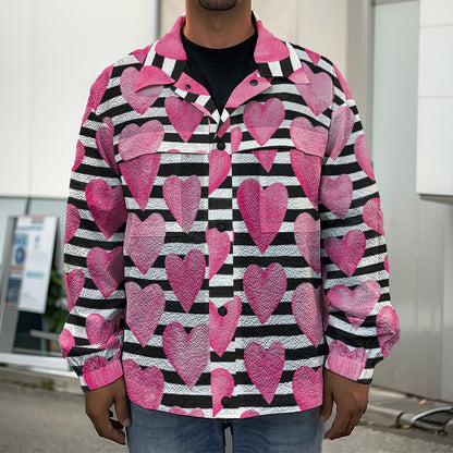 Black And White Striped Heart Print Men's Shirt Jacket