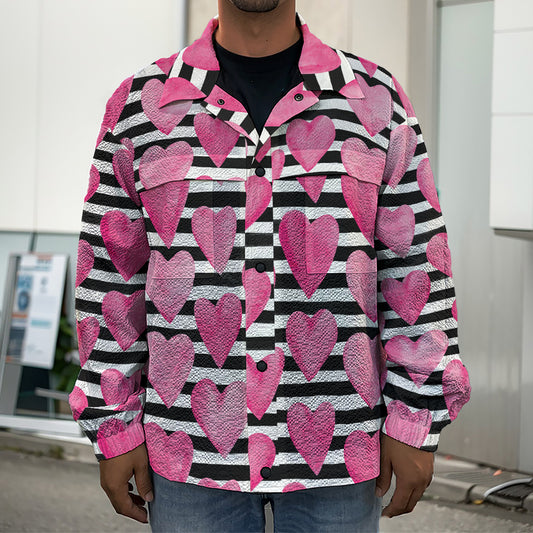 Black And White Striped Heart Print Men's Shirt Jacket