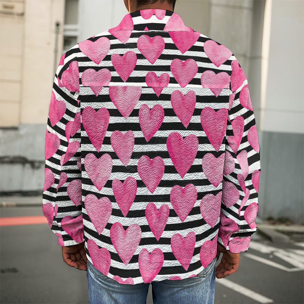 Black And White Striped Heart Print Men's Shirt Jacket