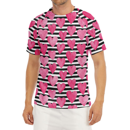 Black And White Striped Heart Print Men's Short Sleeve Rash Guard