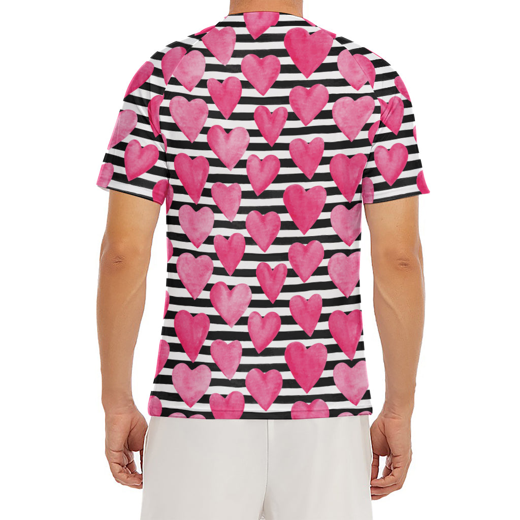 Black And White Striped Heart Print Men's Short Sleeve Rash Guard
