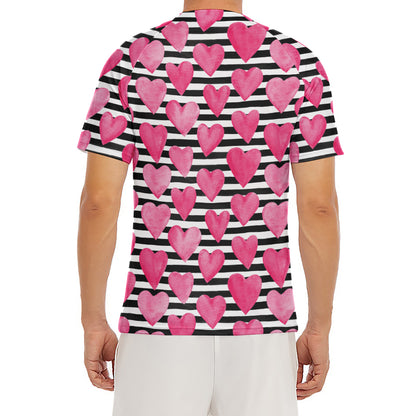 Black And White Striped Heart Print Men's Short Sleeve Rash Guard