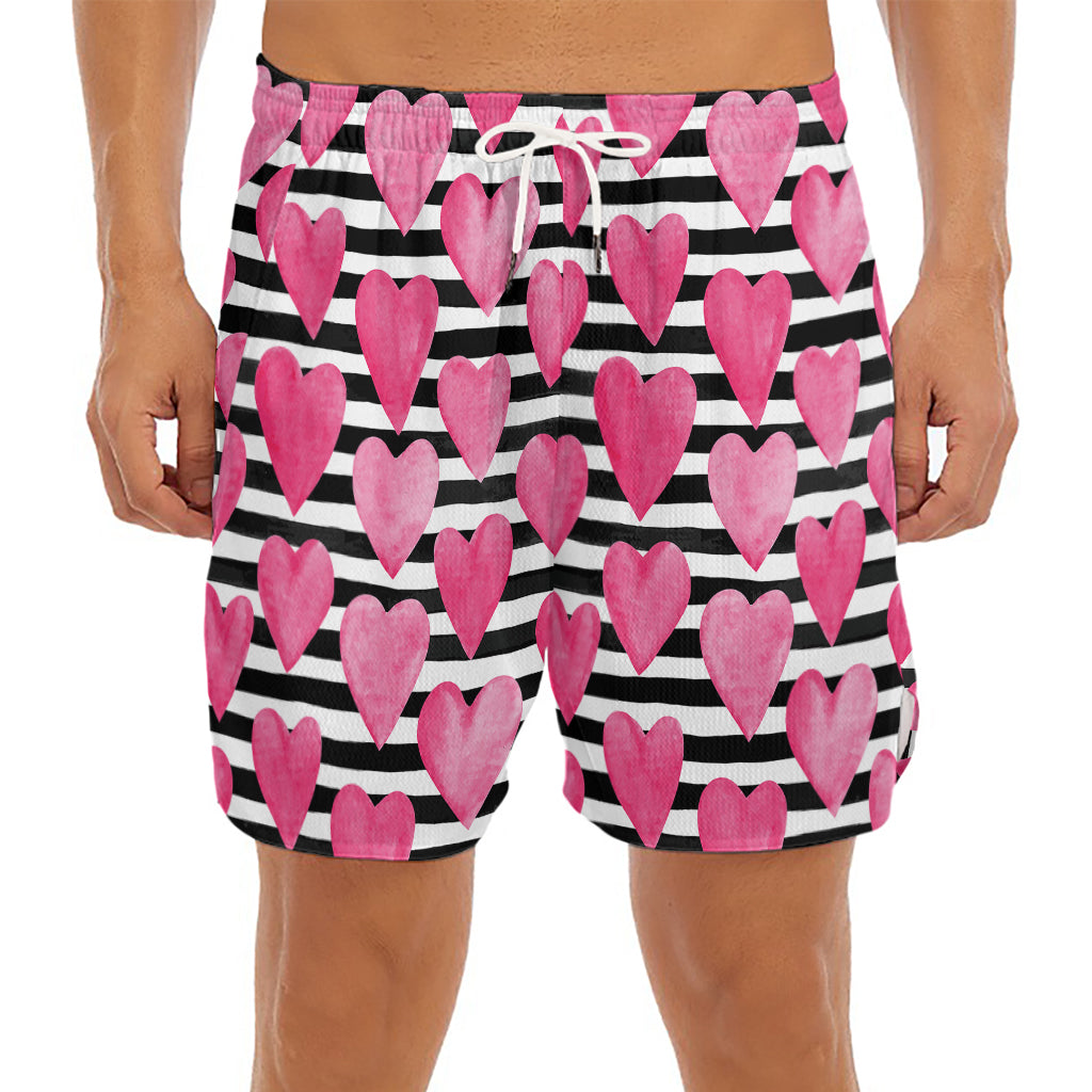 Black And White Striped Heart Print Men's Split Running Shorts
