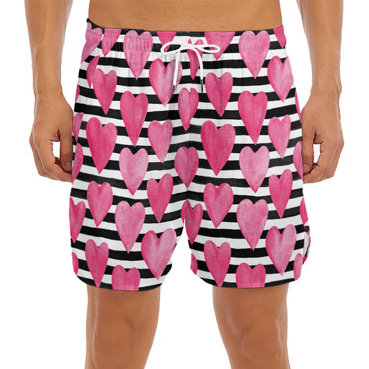 Black And White Striped Heart Print Men's Split Running Shorts