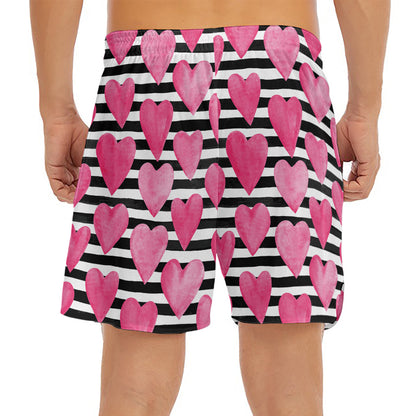Black And White Striped Heart Print Men's Split Running Shorts