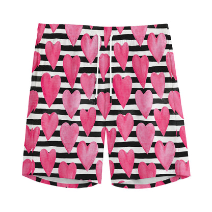 Black And White Striped Heart Print Men's Sports Shorts