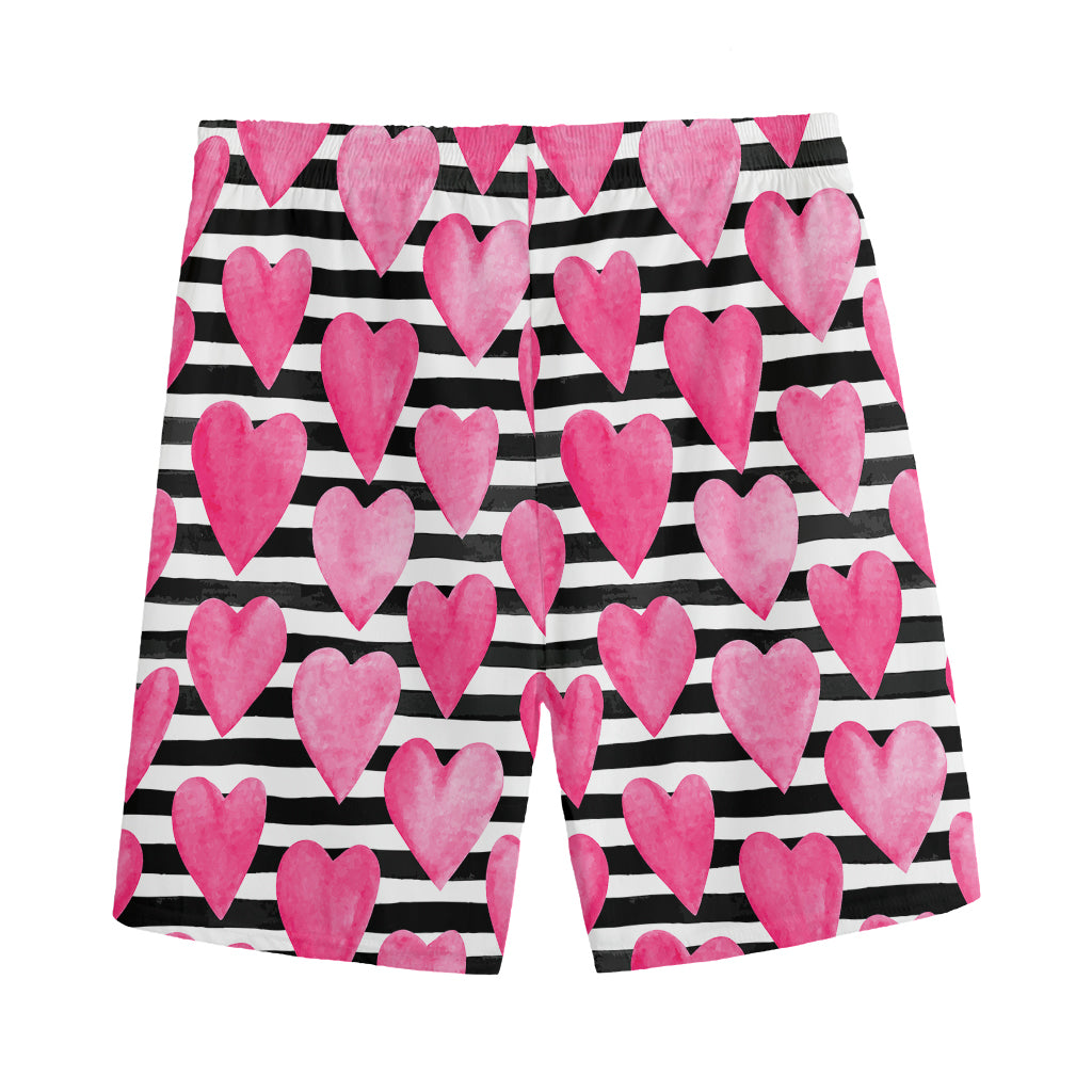 Black And White Striped Heart Print Men's Sports Shorts