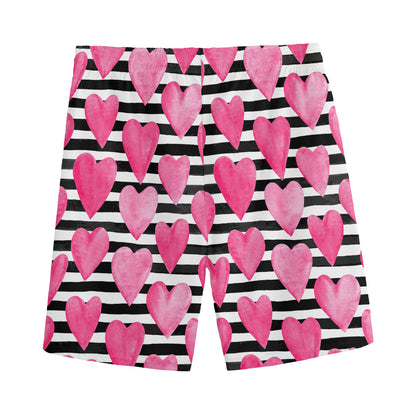 Black And White Striped Heart Print Men's Sports Shorts
