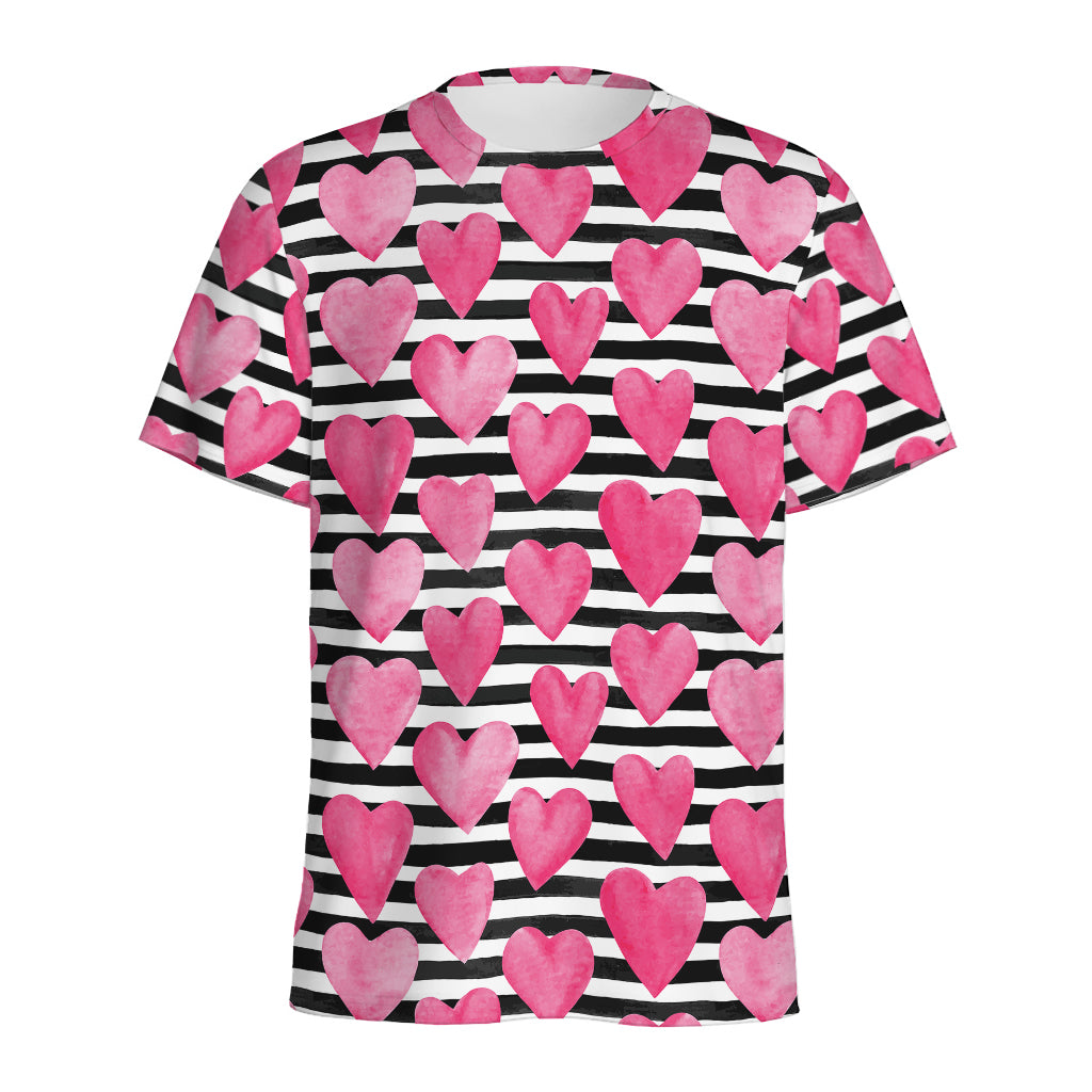 Black And White Striped Heart Print Men's Sports T-Shirt
