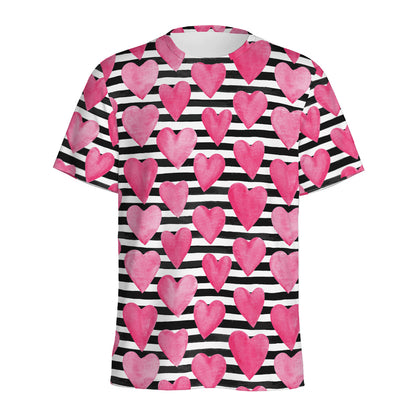 Black And White Striped Heart Print Men's Sports T-Shirt