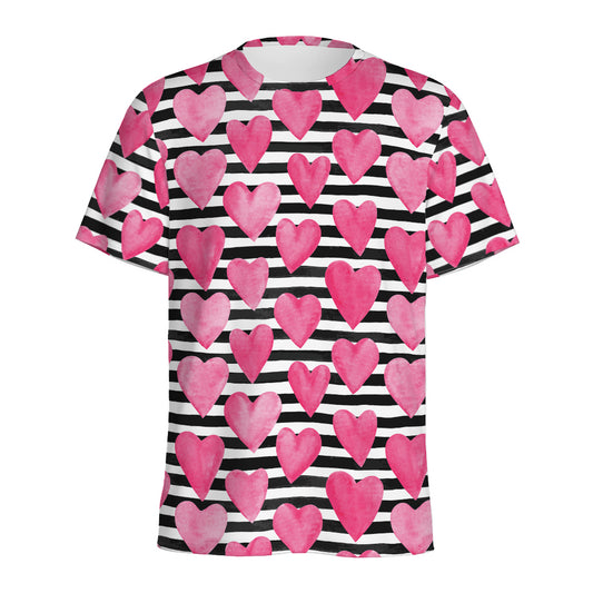 Black And White Striped Heart Print Men's Sports T-Shirt