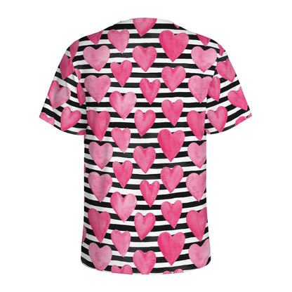 Black And White Striped Heart Print Men's Sports T-Shirt