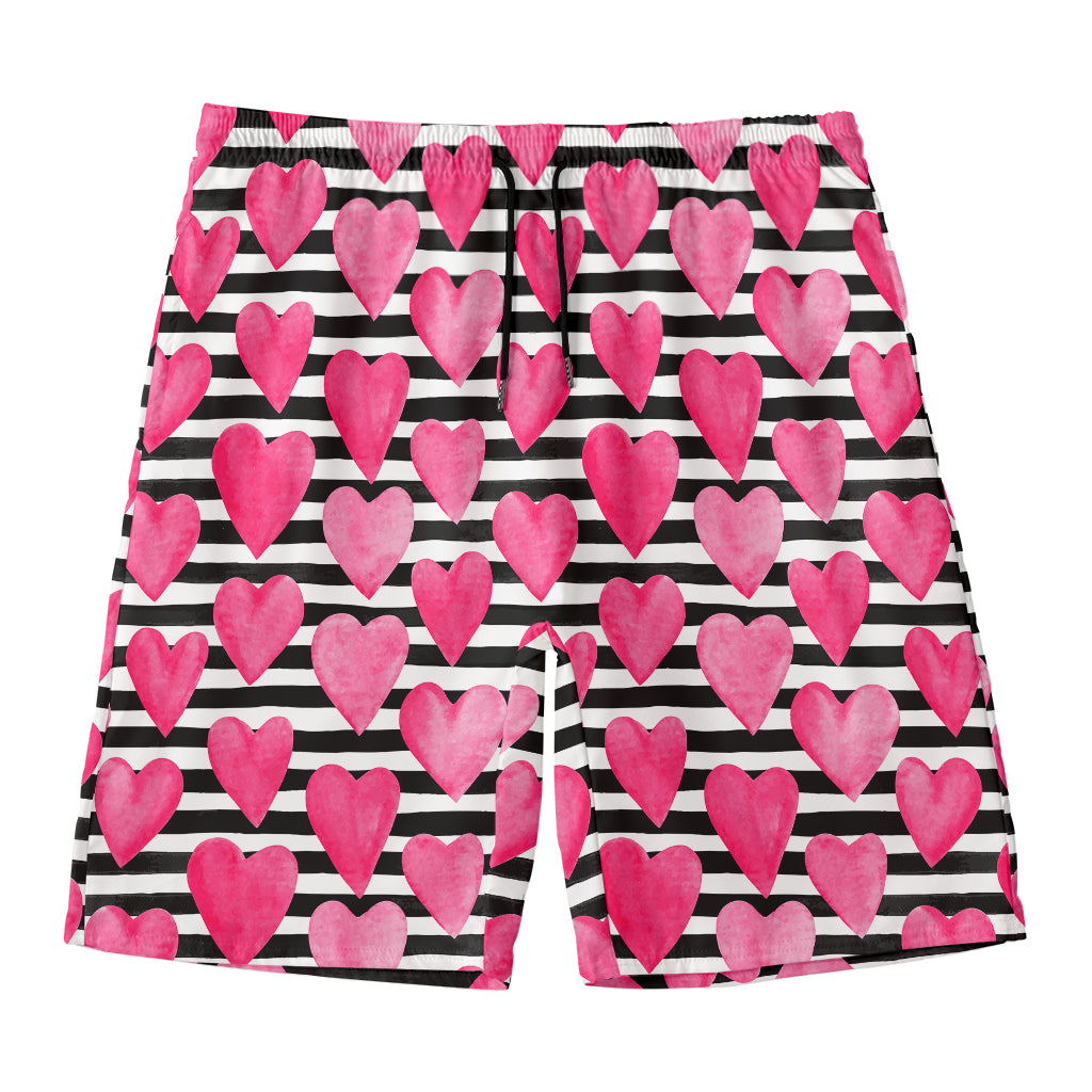 Black And White Striped Heart Print Men's Swim Trunks