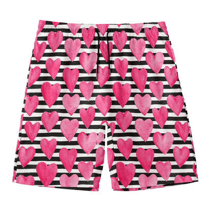 Black And White Striped Heart Print Men's Swim Trunks