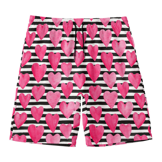 Black And White Striped Heart Print Men's Swim Trunks