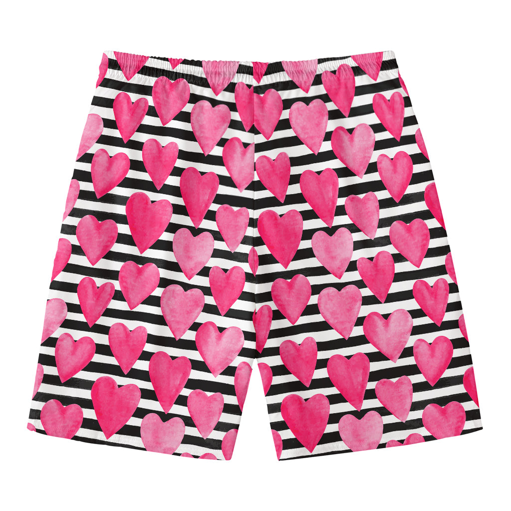 Black And White Striped Heart Print Men's Swim Trunks