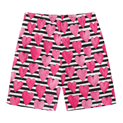 Black And White Striped Heart Print Men's Swim Trunks