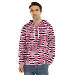 Black And White Striped Heart Print Men's Velvet Pullover Hoodie