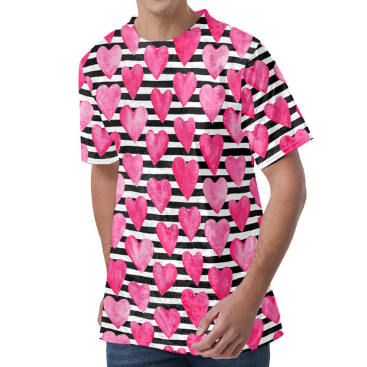 Black And White Striped Heart Print Men's Velvet T-Shirt