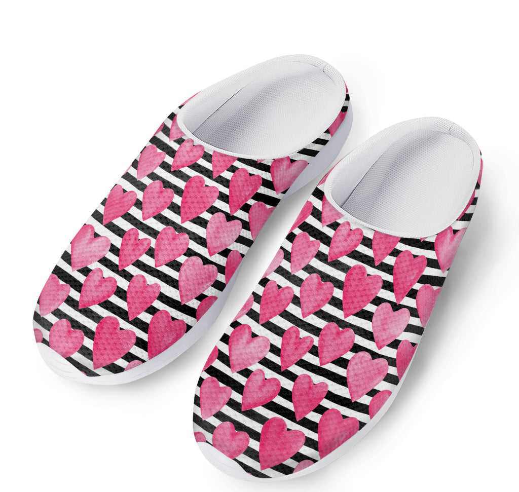 Black And White Striped Heart Print Mesh Casual Shoes