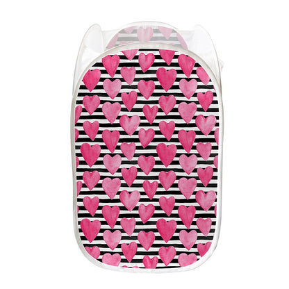 Black And White Striped Heart Print Mesh Laundry Hamper