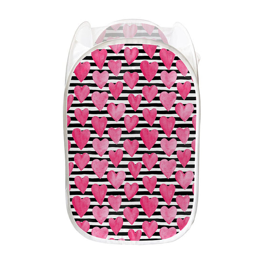 Black And White Striped Heart Print Mesh Laundry Hamper