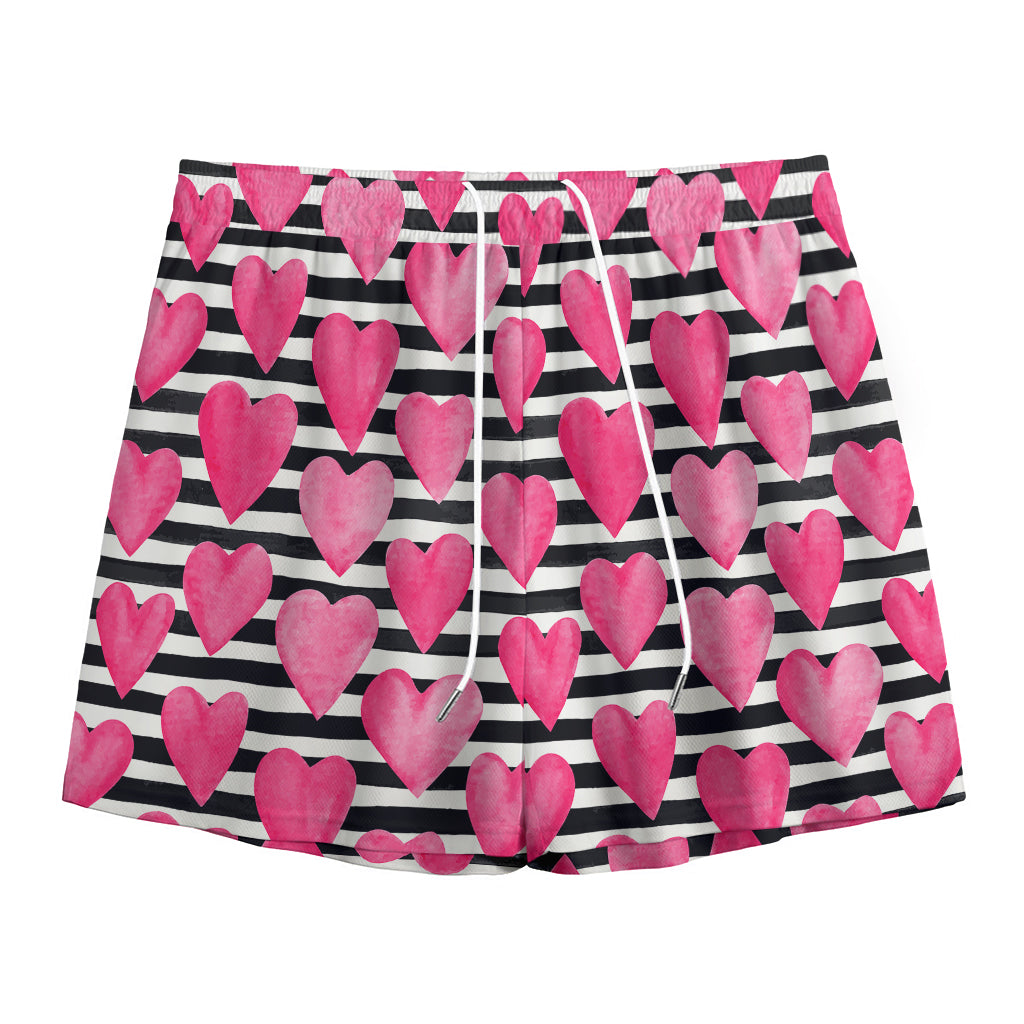 Black And White Striped Heart Print Mesh Shorts