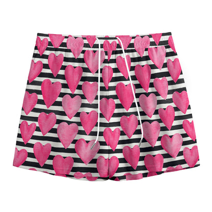 Black And White Striped Heart Print Mesh Shorts