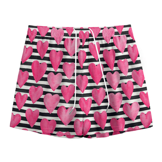 Black And White Striped Heart Print Mesh Shorts