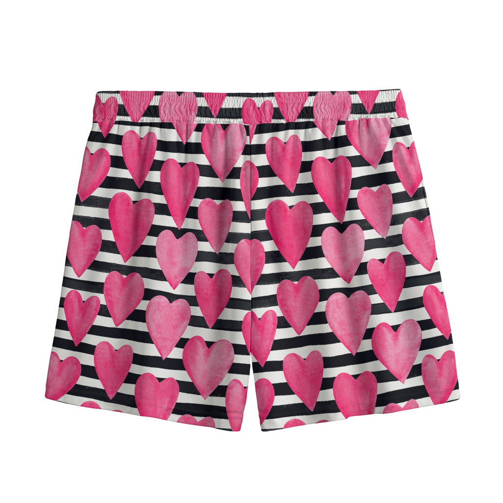 Black And White Striped Heart Print Mesh Shorts
