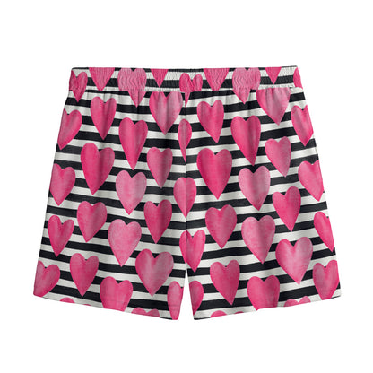 Black And White Striped Heart Print Mesh Shorts