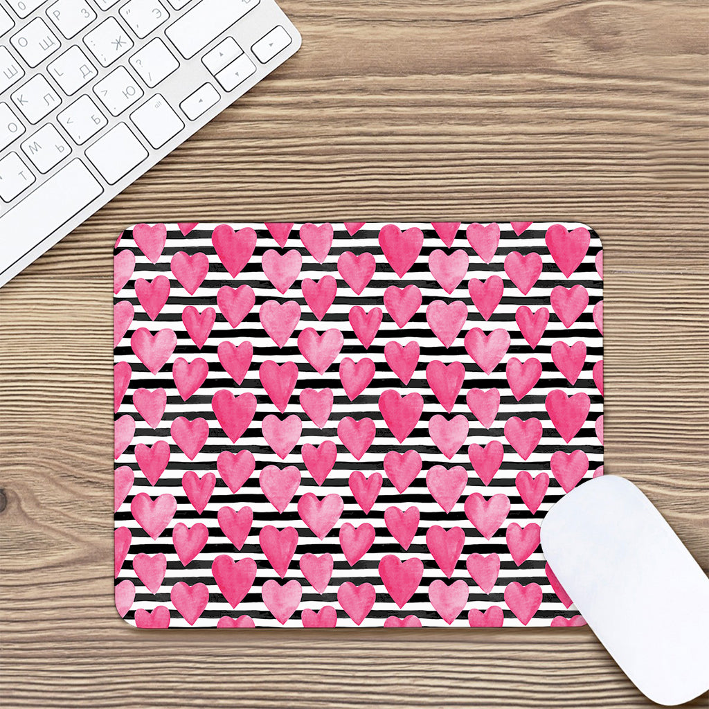 Black And White Striped Heart Print Mouse Pad