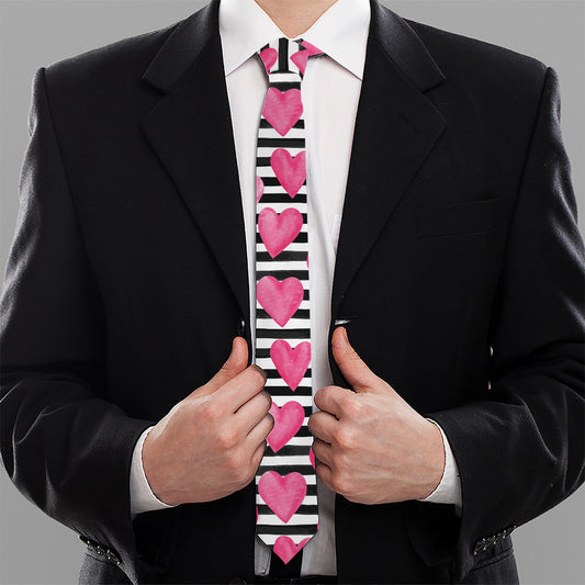 Black And White Striped Heart Print Necktie