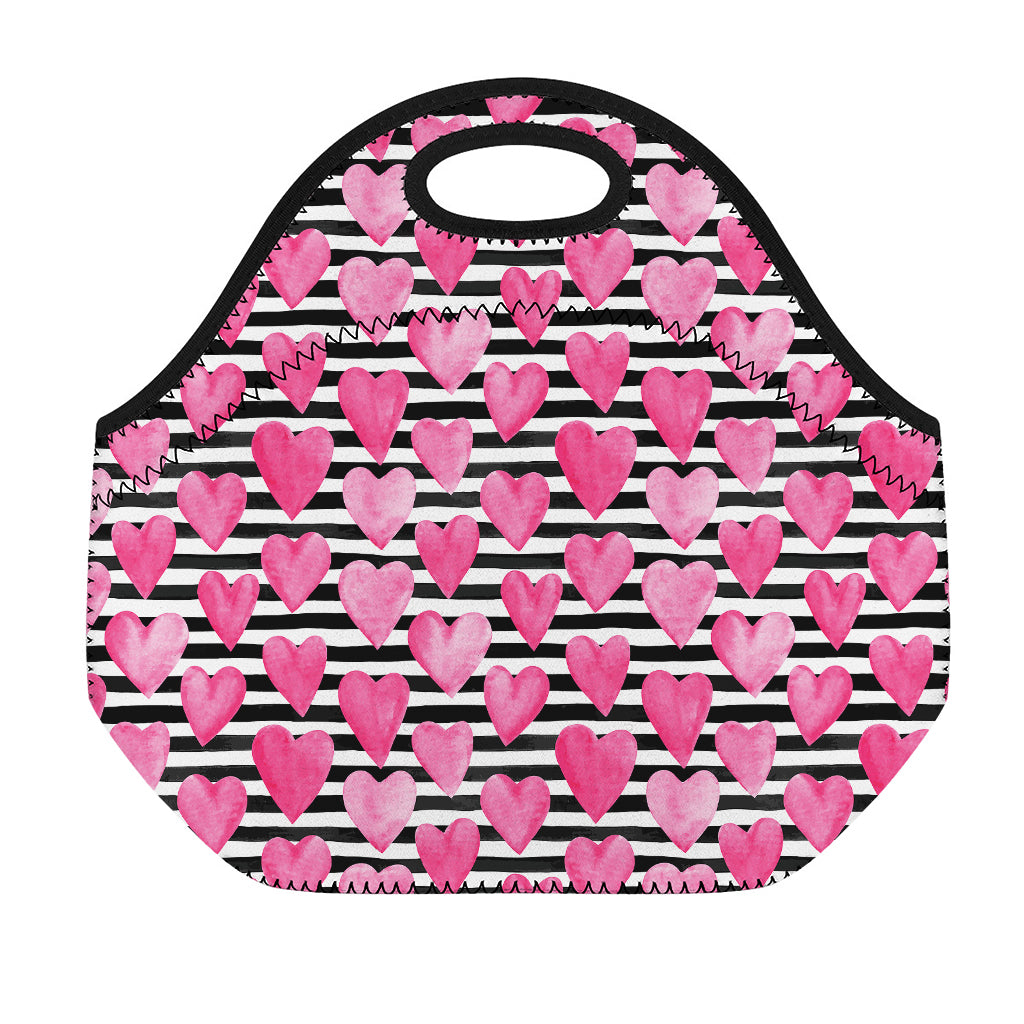 Black And White Striped Heart Print Neoprene Lunch Bag