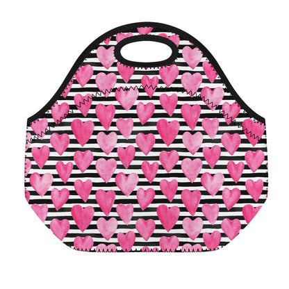 Black And White Striped Heart Print Neoprene Lunch Bag