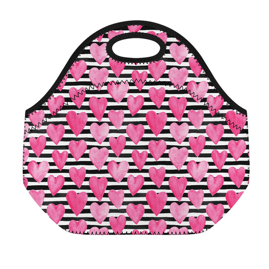Black And White Striped Heart Print Neoprene Lunch Bag