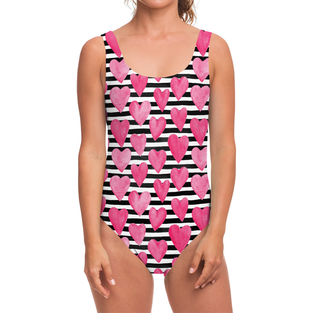 Black And White Striped Heart Print One Piece Swimsuit