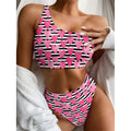 Black And White Striped Heart Print One Shoulder Bikini Set