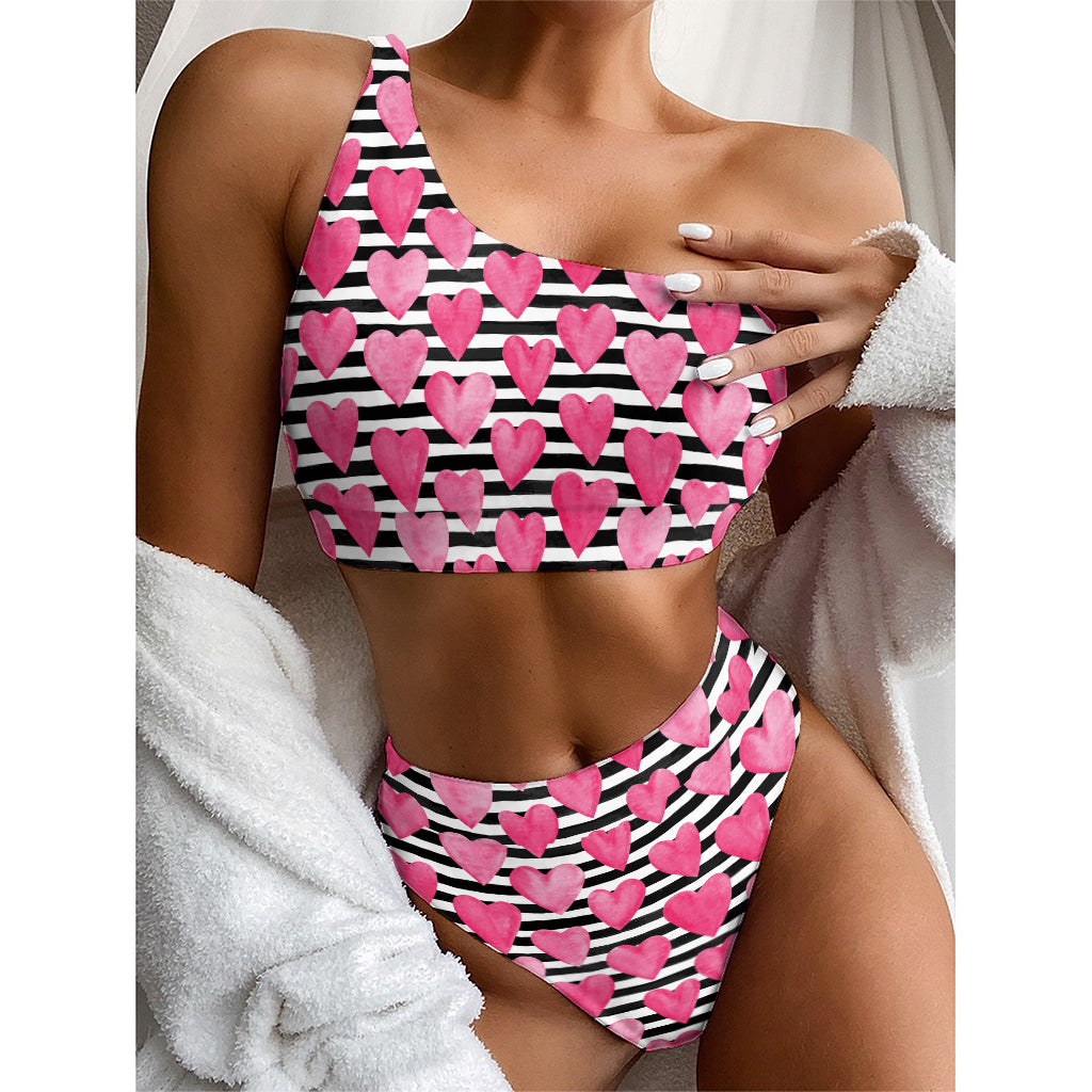 Black And White Striped Heart Print One Shoulder Bikini Top