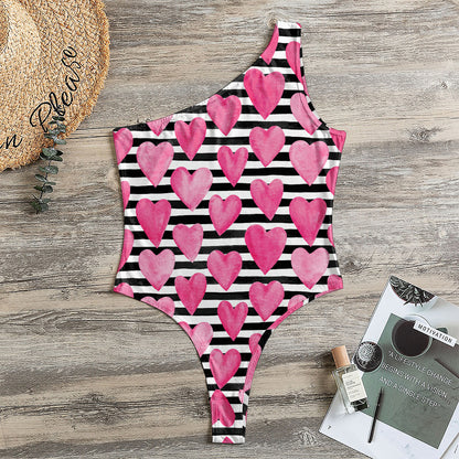 Black And White Striped Heart Print One Shoulder Bodysuit
