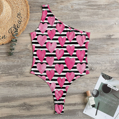 Black And White Striped Heart Print One Shoulder Bodysuit